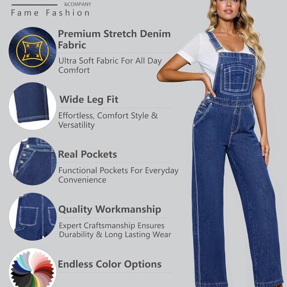 Women's Wide Leg Stretch Denim Overalls – Adjustable Straps, Casual Work Jeans J - Picture 2 of 7
